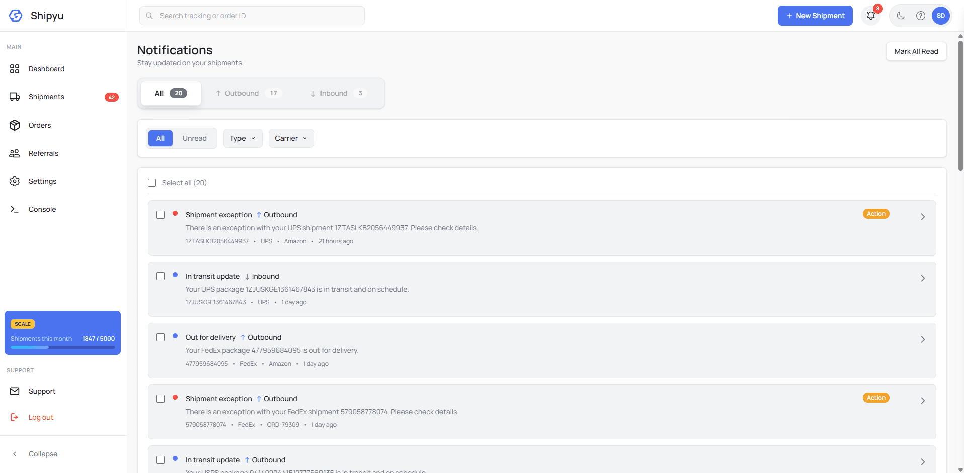 Shipyu Dashboard - Notifications